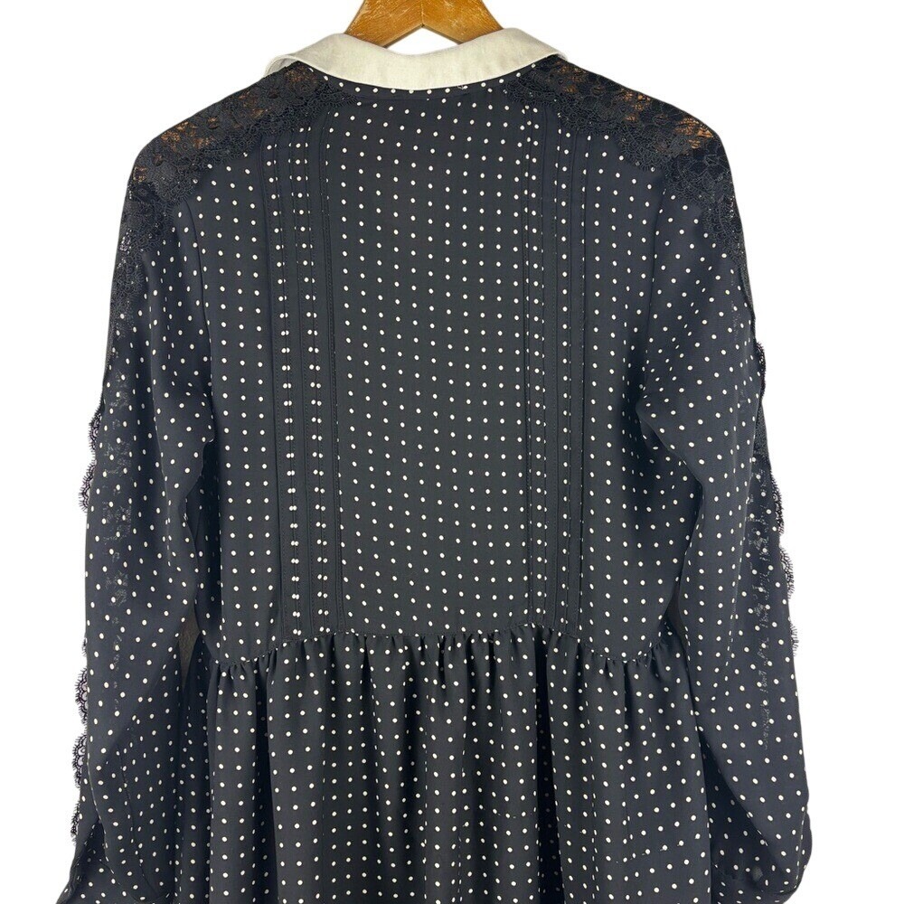 The Kooples Medium Black and White Polka Dot Pleated Collared Dress Lace Teacher - Picture 11 of 13